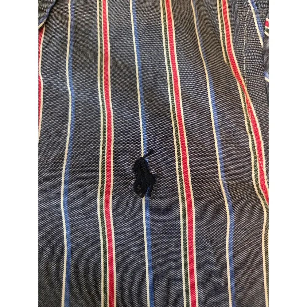 Ralph Lauren Boys M 10-12 Striped Button Down Shirt Grey Navy Red Excellent